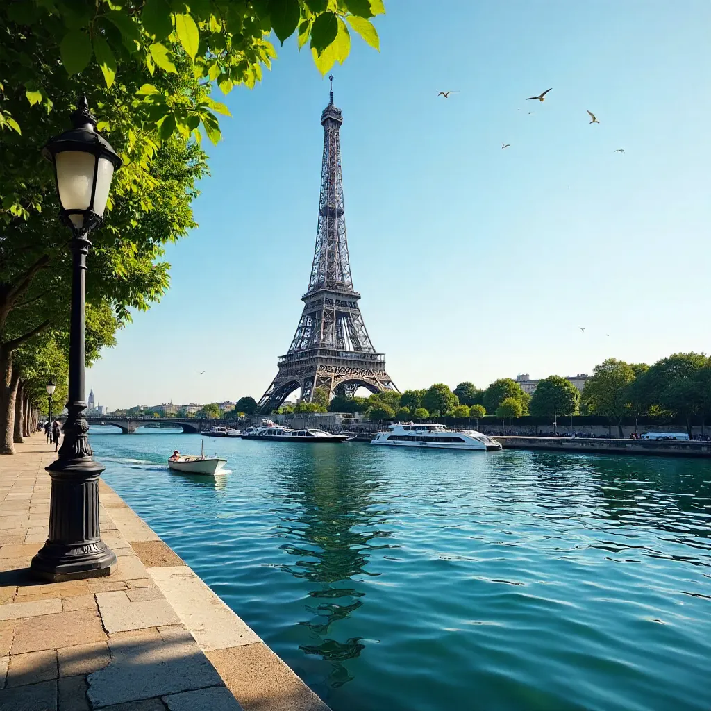 Blue Skies over the Seine: Eiffel Tower View
