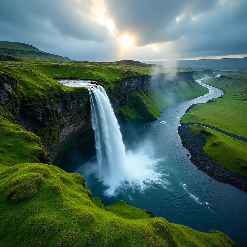Skógafoss Aerial: Mossy Icelandic Wonder