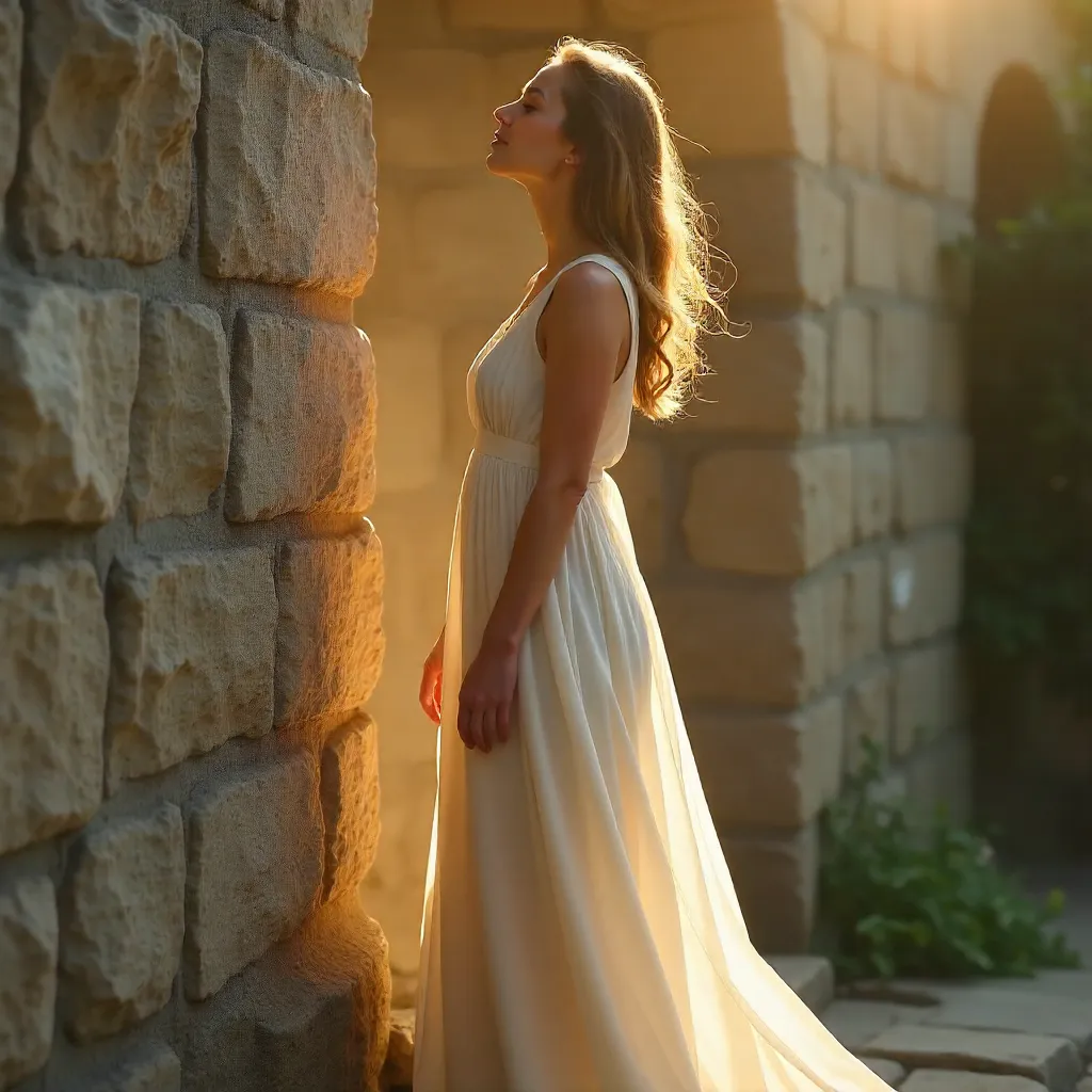 Serene Woman in White Dress by Sunlit Stone Wall