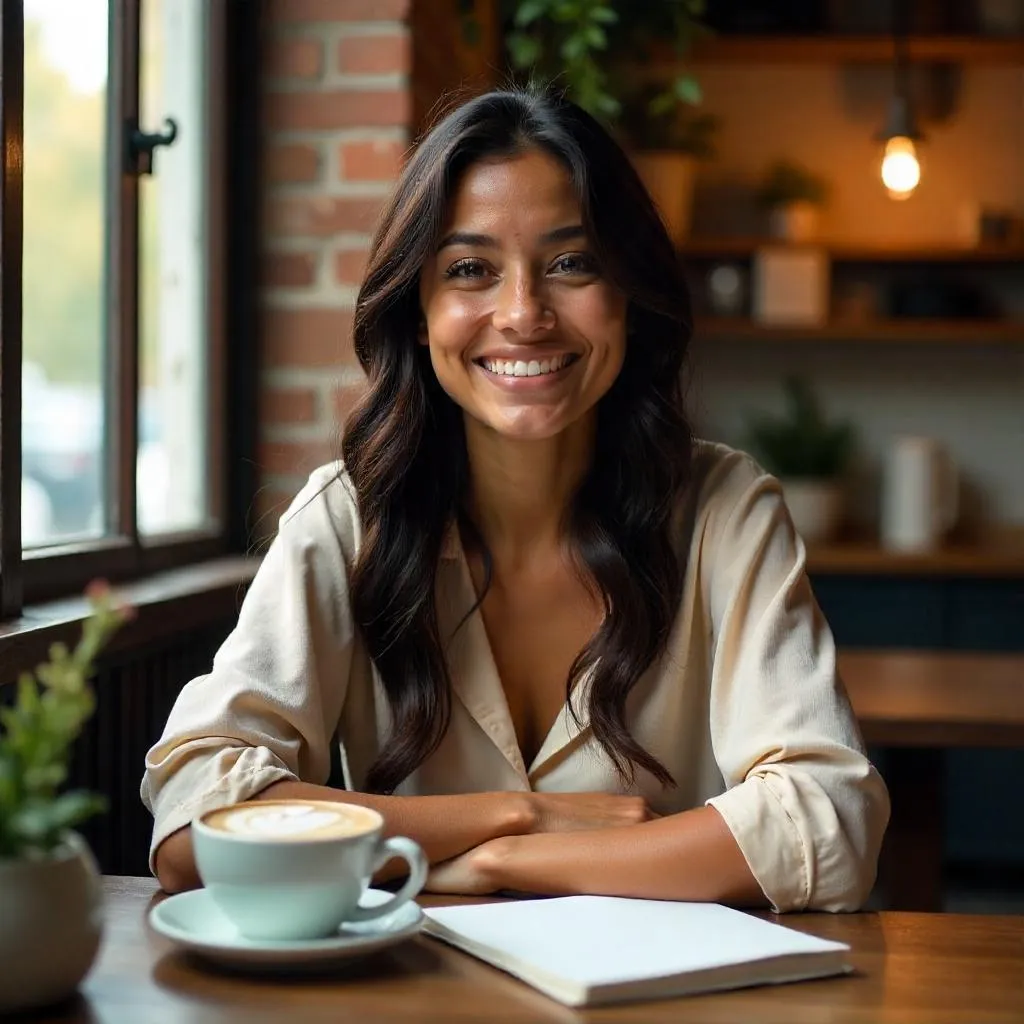 Cheerful Latina in a Cozy Sunlit Coffee Shop