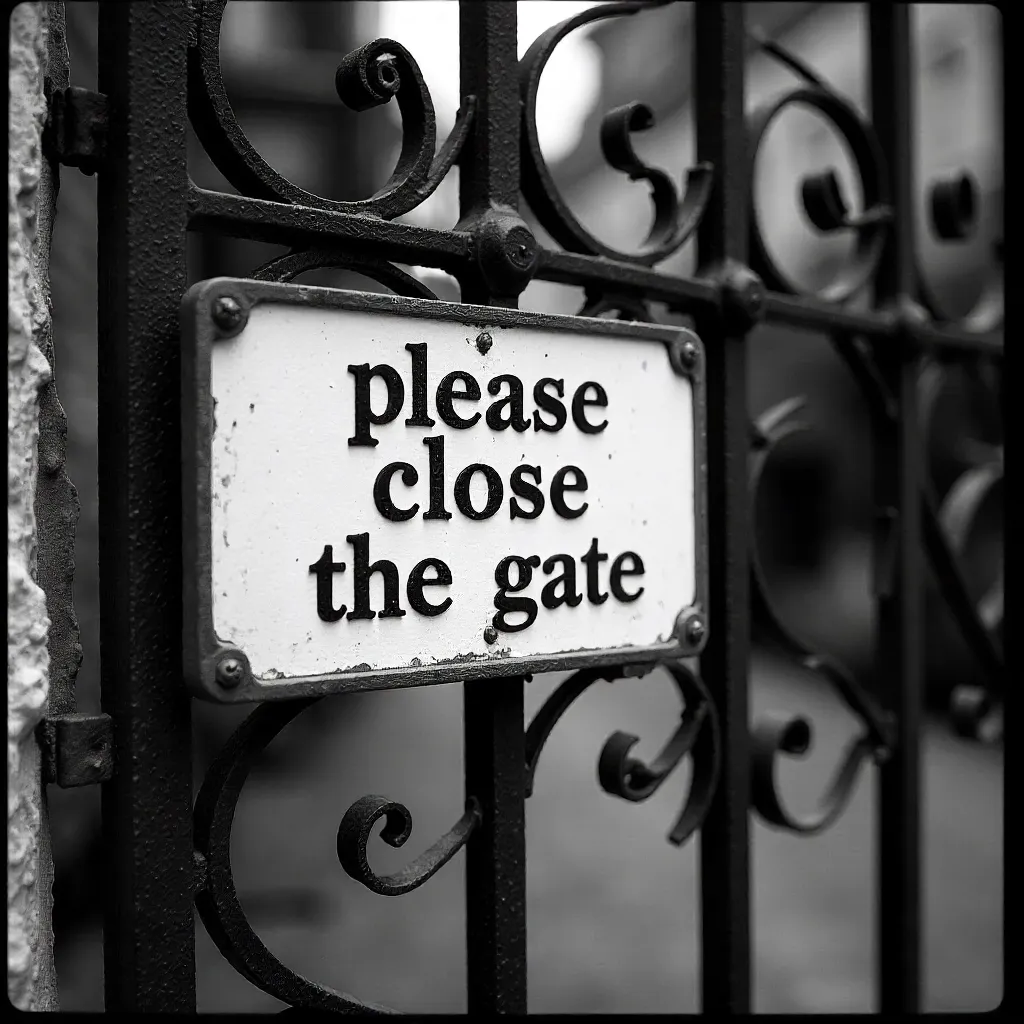 Close-Up of Vintage Iron Gate with Sign