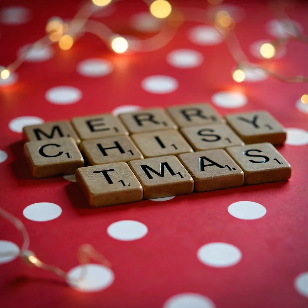 Scrabble Tiles Spell Merry Christmas on Festive Red Dots