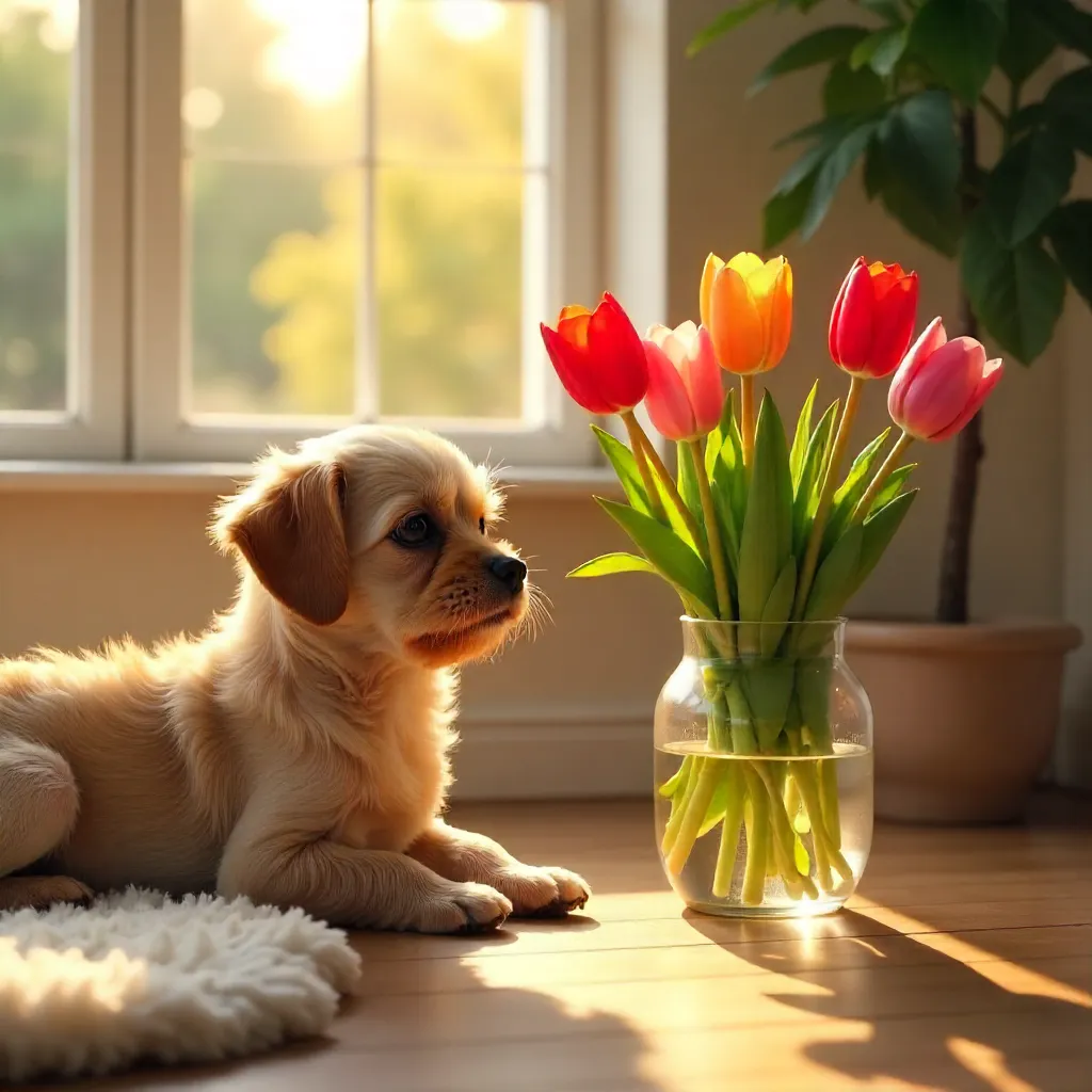 Cozy Sunlit Corner: Small Dog and Tulips