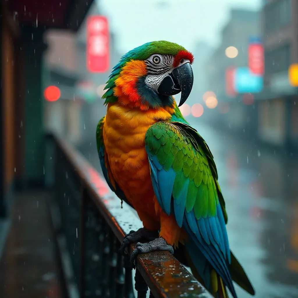 Vivid Parrot on a Rain-Slicked Balcony Rail