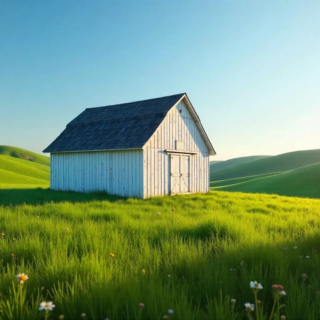Solitary White Barn in Lush Green Fields Under a Bright Sky