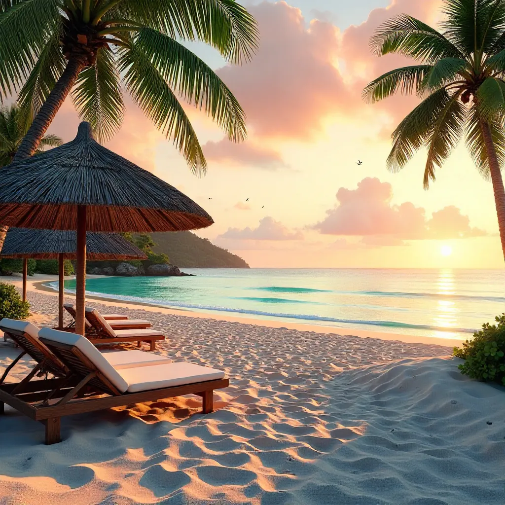 Sunrise Serenity on a Beach with Thatched Umbrellas