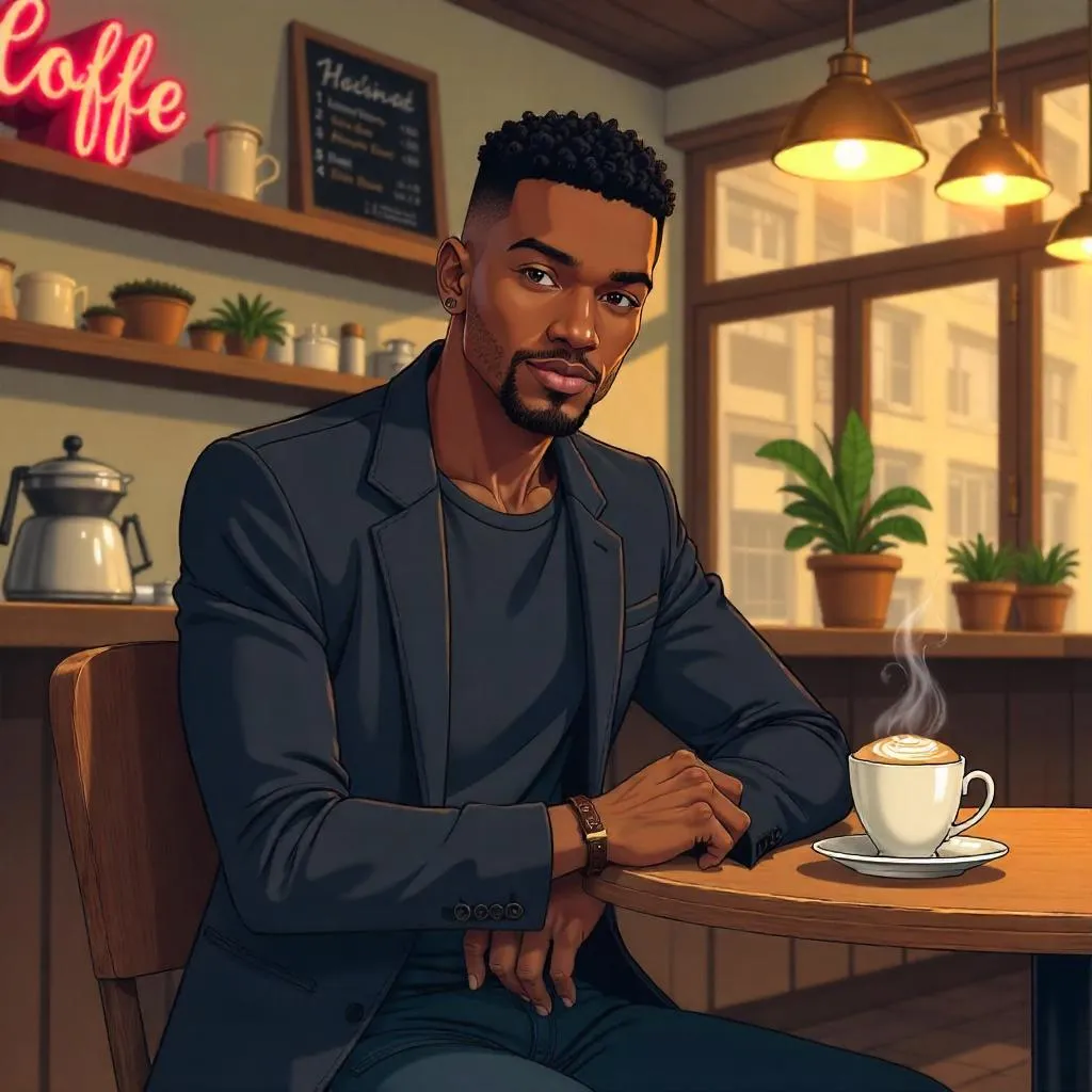 Confident Black Man in Anime Coffee Shop