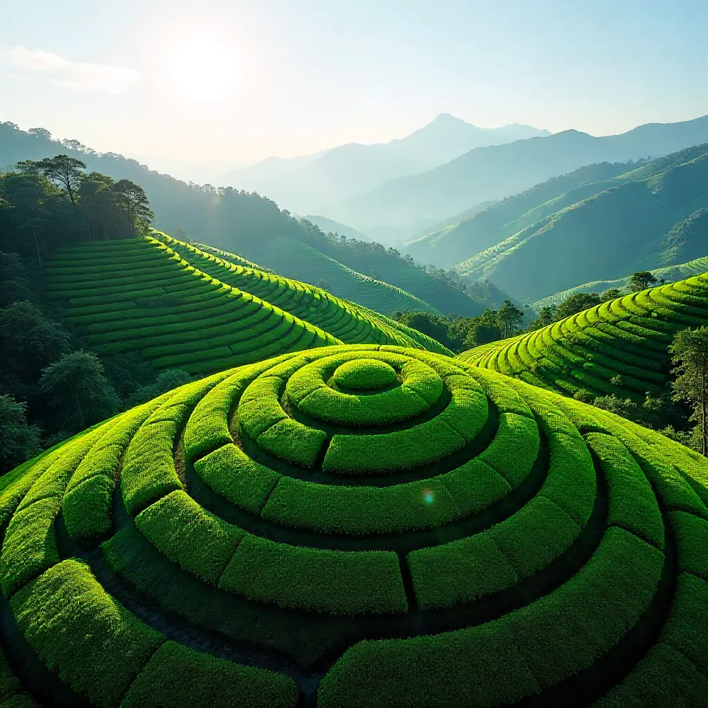 Aerial Circular Tea Terraces in Natural Light
