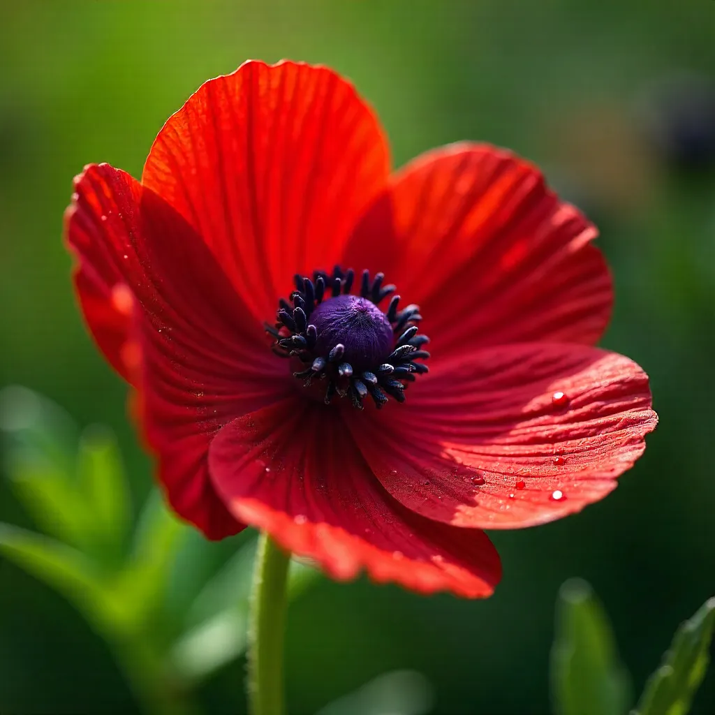 Closeup Red Anemone with Purple Center