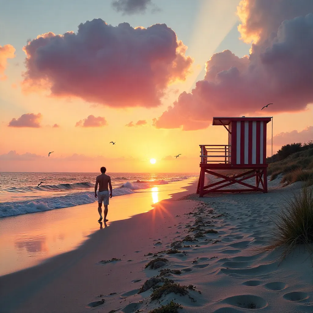 Sunset Silhouette: Lifeguard Tower and Lone Walker on the Beach