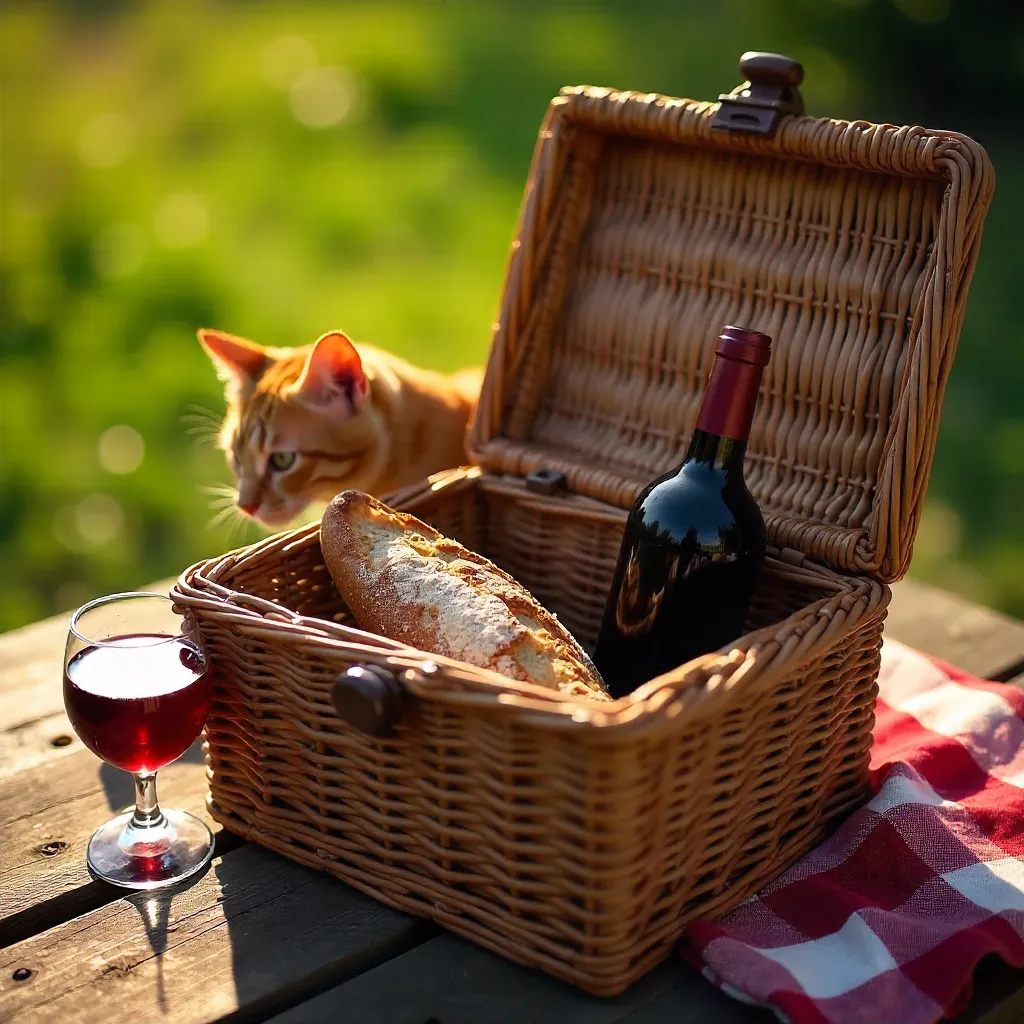 Top-Down Picnic: Bread, Wine, and Curious Cat