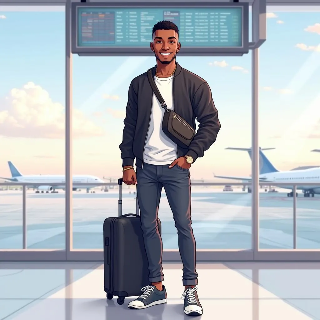 Anime Handsome Black Man in an Airport Terminal