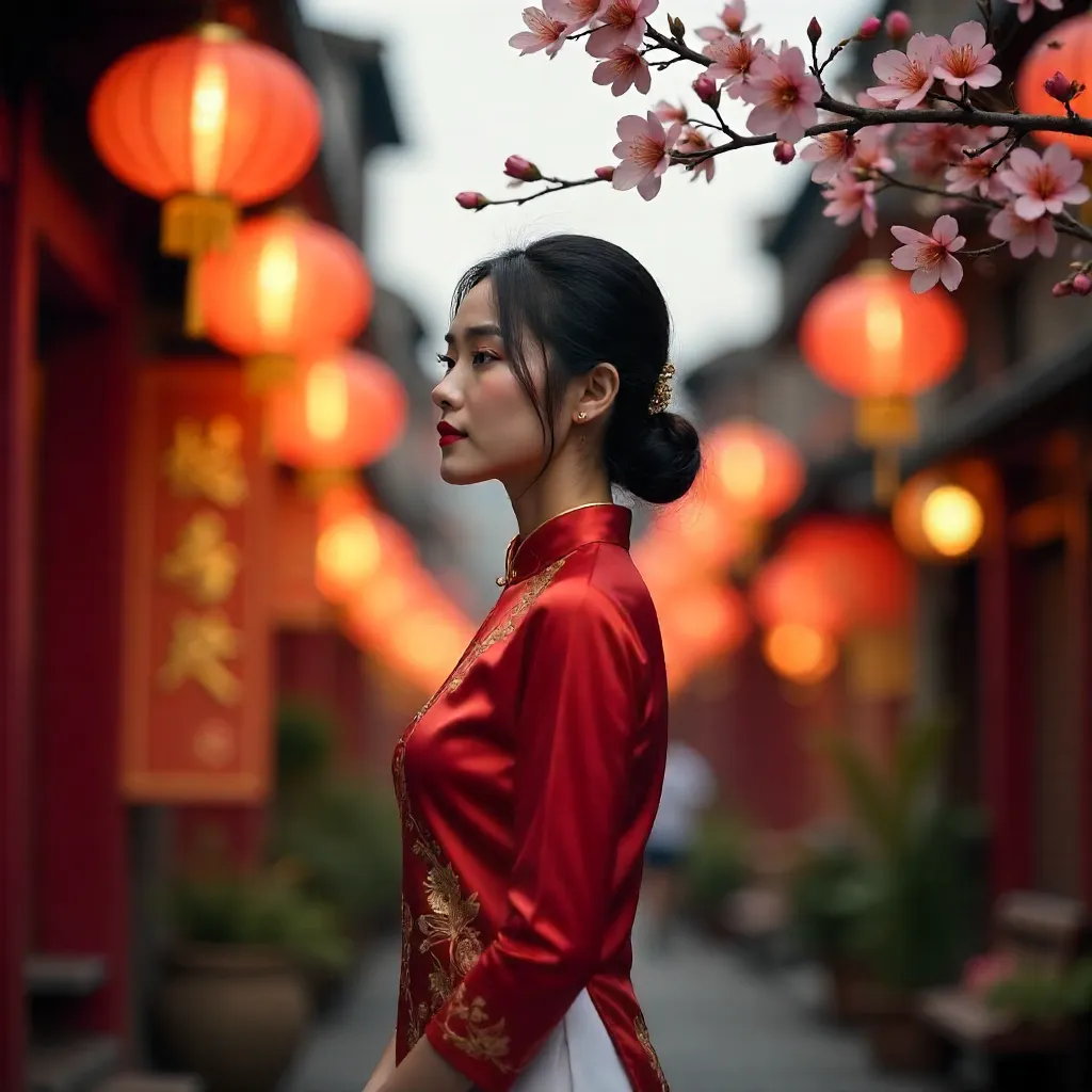 Ao Dai Woman Under Tet Lanterns and Blossoms