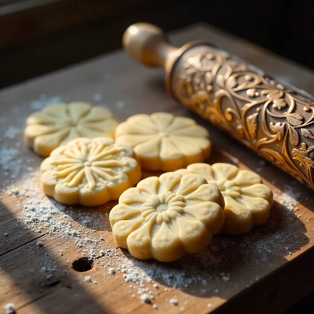 Artisan Cookies with Embossed Designs and Ornate Rolling Pin