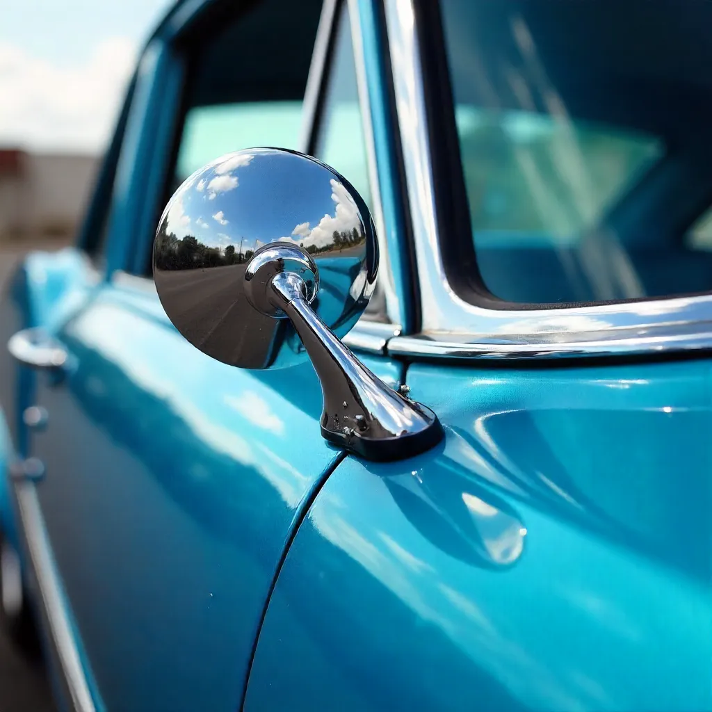 Chrome Mirror and Window Trim on Vibrant Blue Classic Car