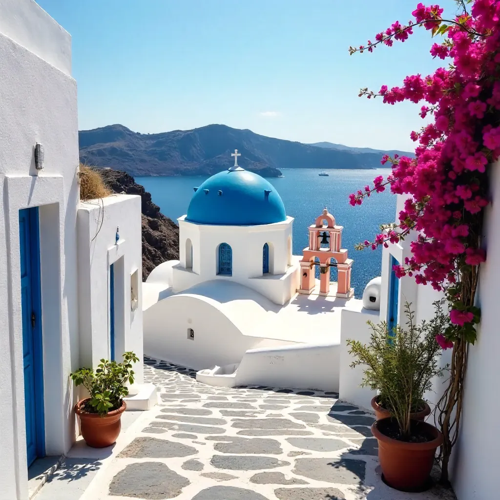 Blue-Domed Church in Fira, Santorini with Aegean Backdrop