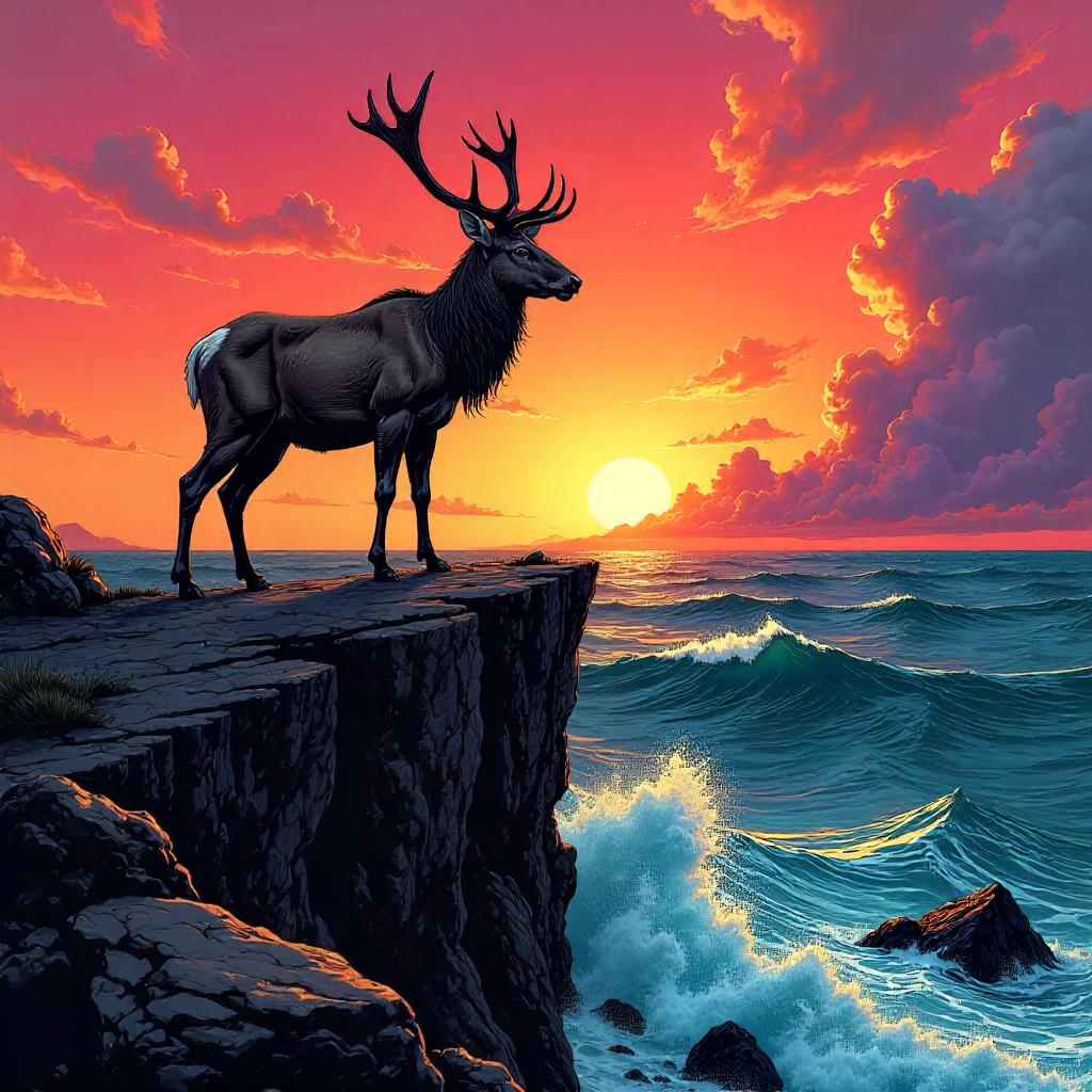 Deer on Cliff Edge in Comic Book Style