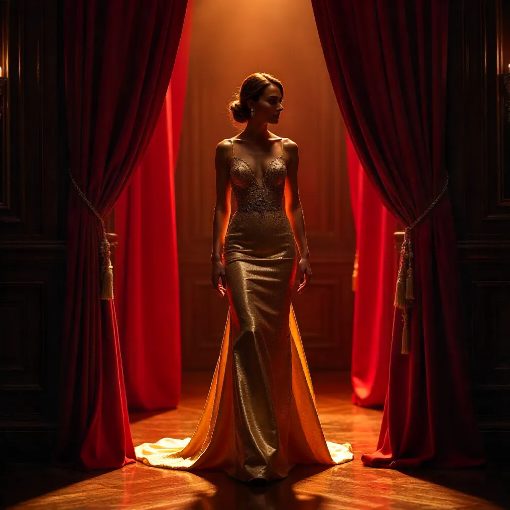 Golden Gown Amid Red Velvet Curtains