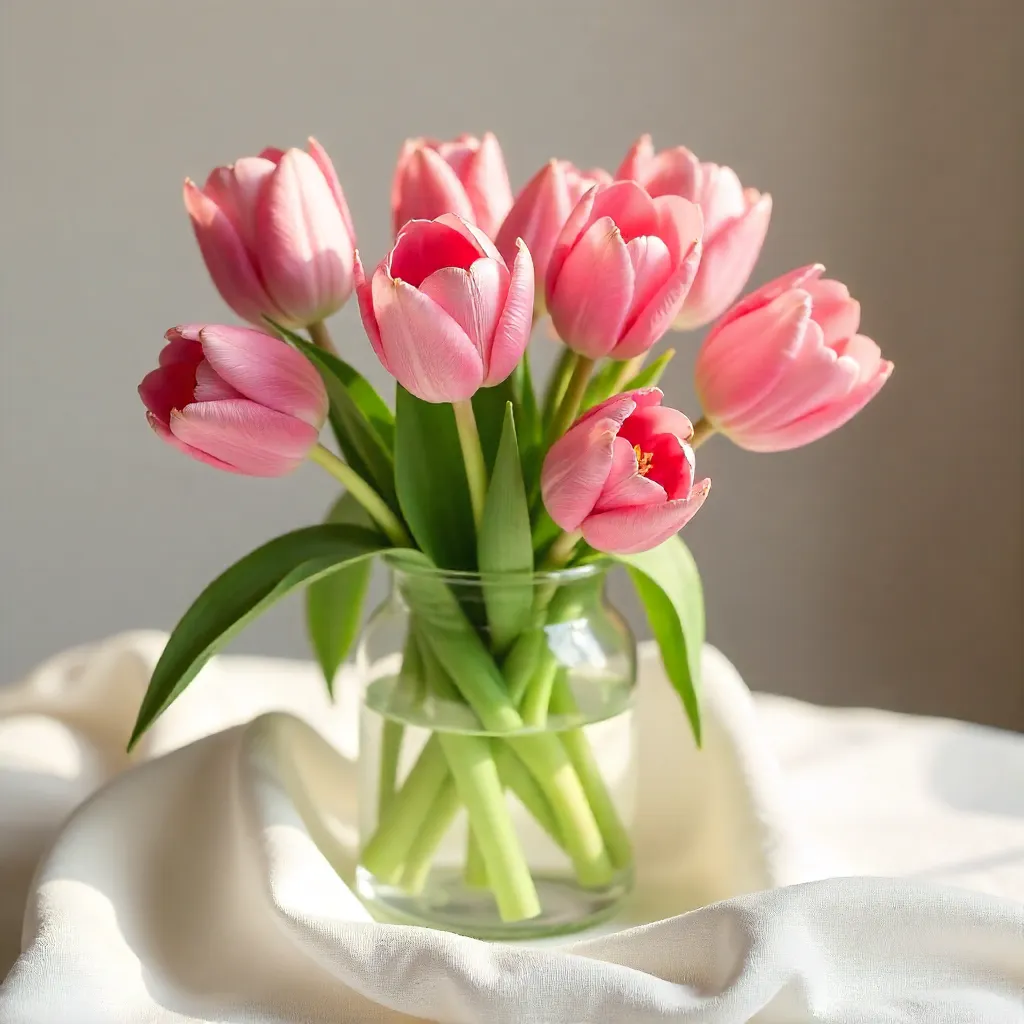 Pink Tulips in Glass Vase on White Linen