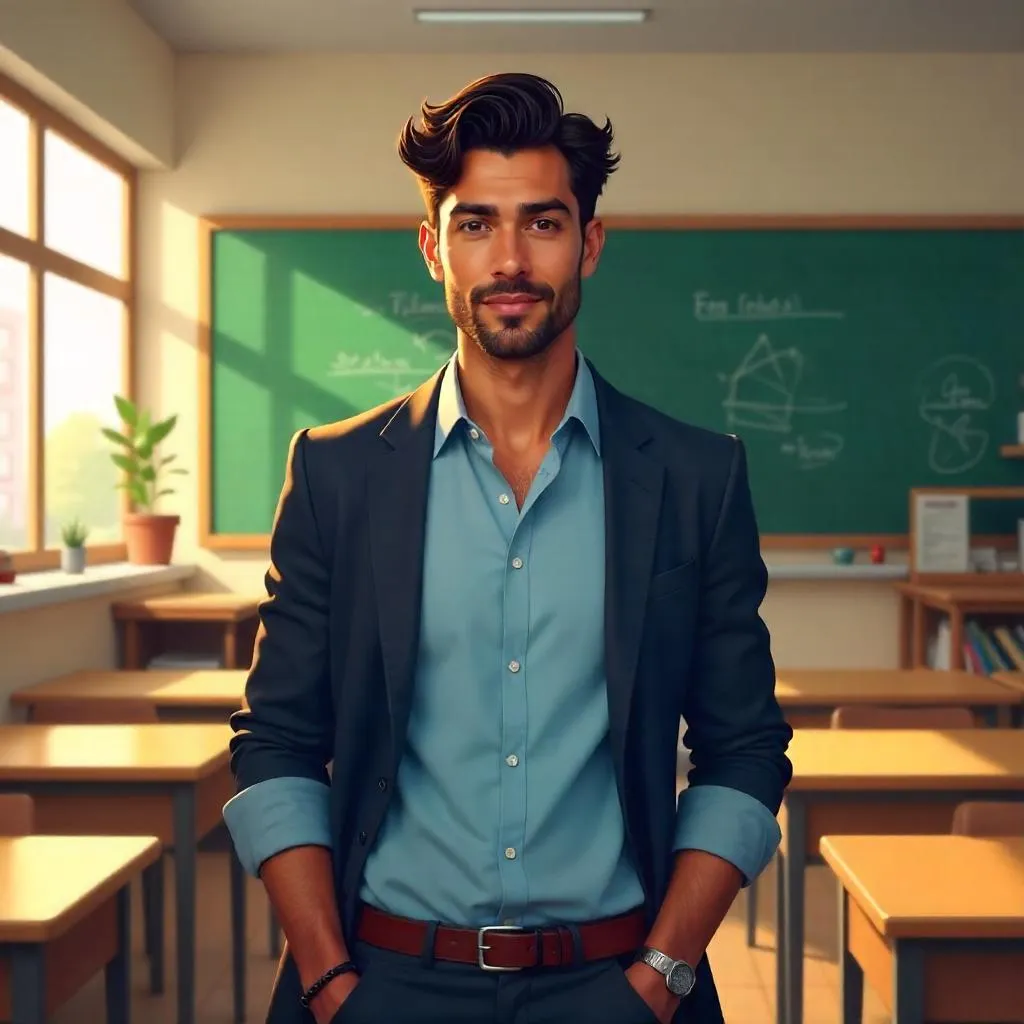 Classroom Portrait of a Handsome Latino Teacher