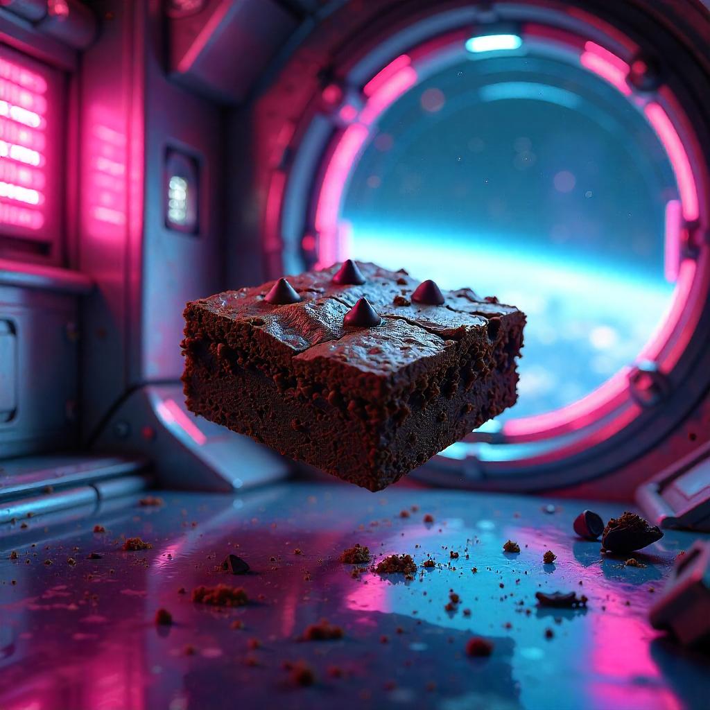 Zero-Gravity Cyberpunk Brownie in Neon Haze