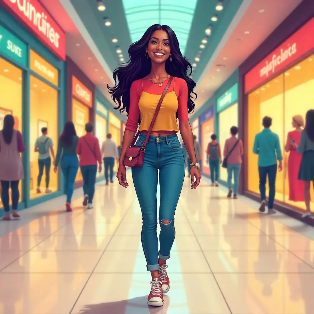Cartoon Latina Woman in a Busy Shopping Mall
