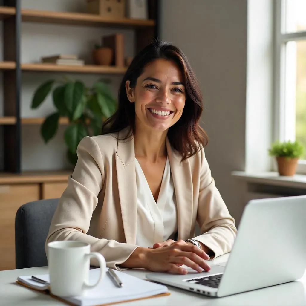 Cheerful Latina Woman in a Modern Workspace