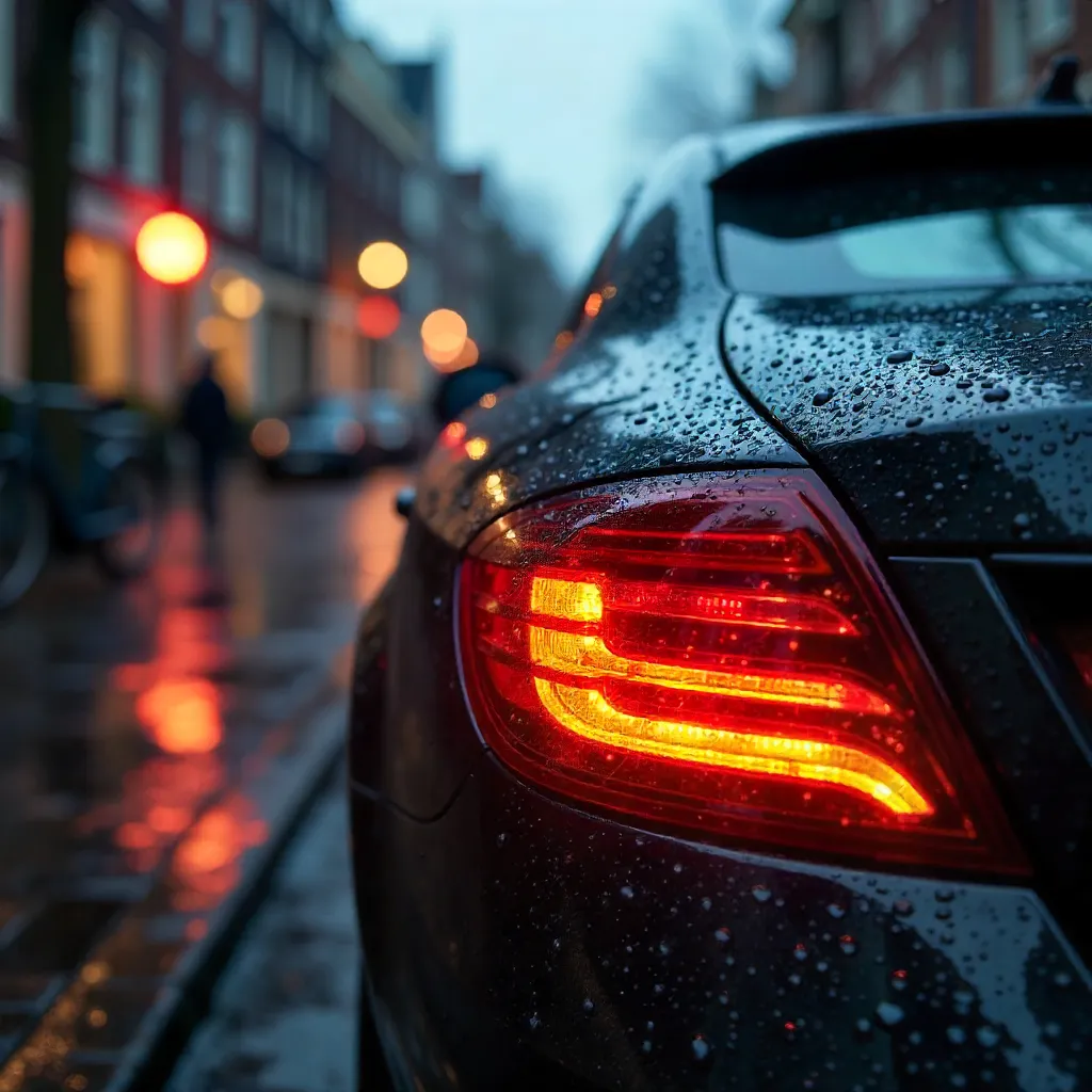 Checkerboard Tail Light in Rainy Amsterdam