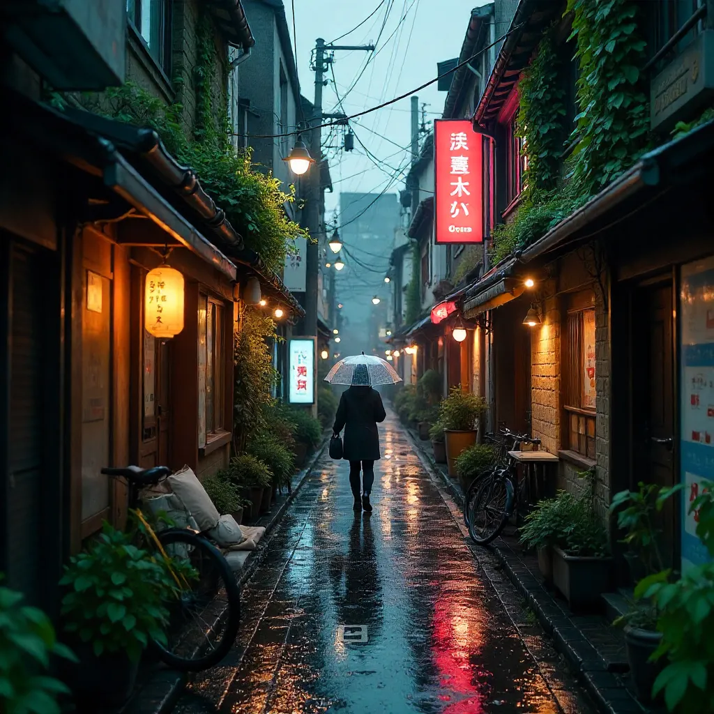 Rainy Tokyo Laneway: Greenery and Neon Charm