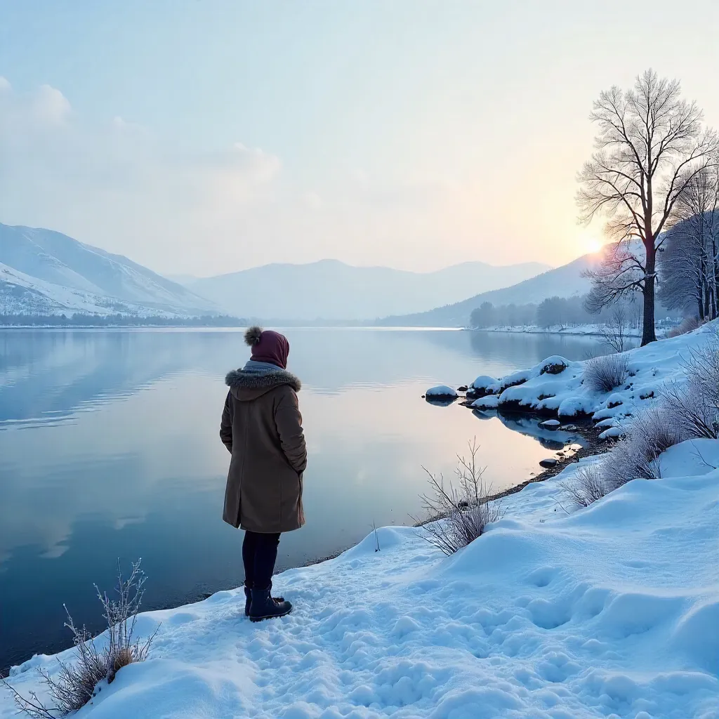 Serene Winter by Van Lake with Snowy Hills