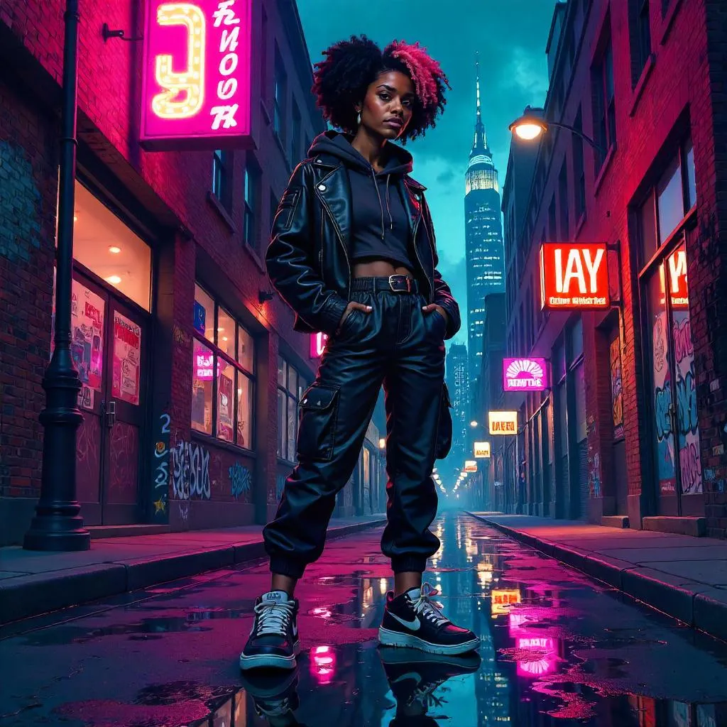 Stylish Black Heroine in Neon City — Comic Style
