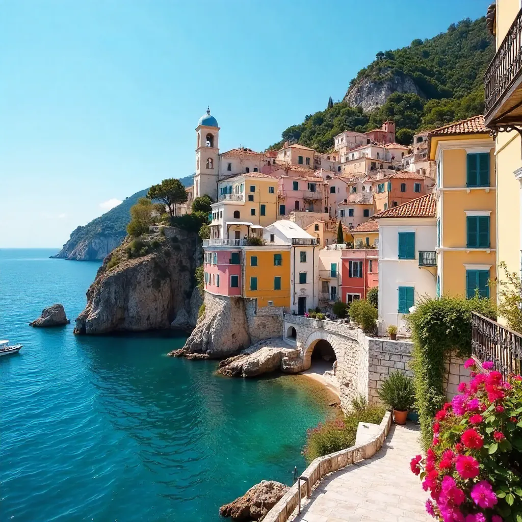 Corfu Coastal Colorful Townscape Under Blue Sky