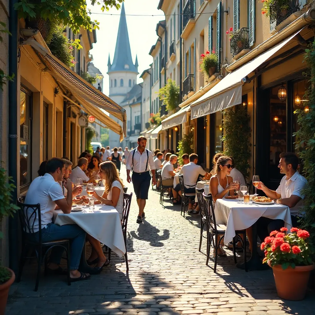 Sunlit French Outdoor Café Terrace in a Bustling Street