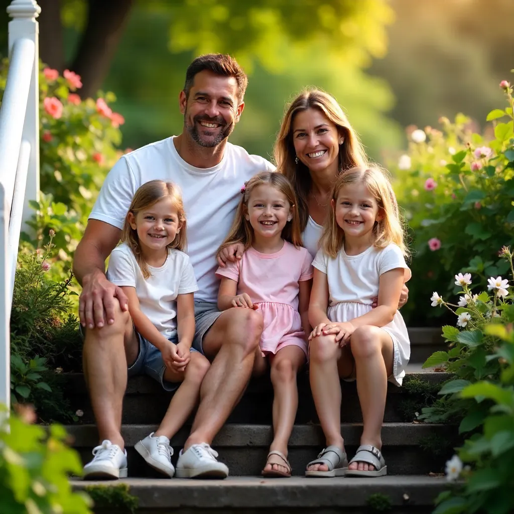 Joyful Summer Family on Outdoor Stone Steps