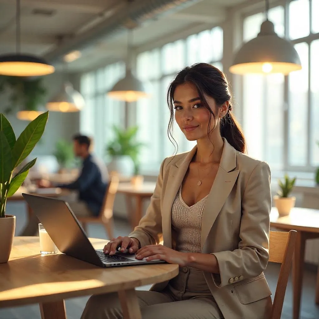 Concept Art: Caucasian Woman in a Cozy Coworking Space