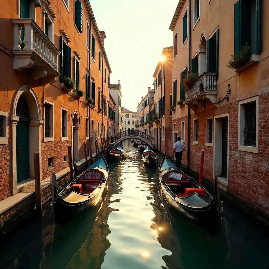 Gondolas Line a Historic Venetian Canal