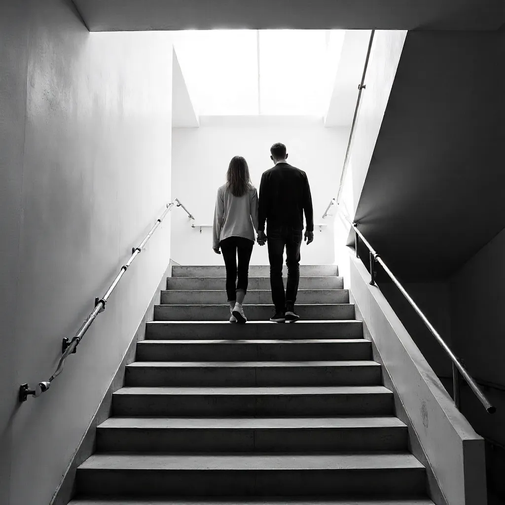 Monochrome ascent: couple on a modern staircase