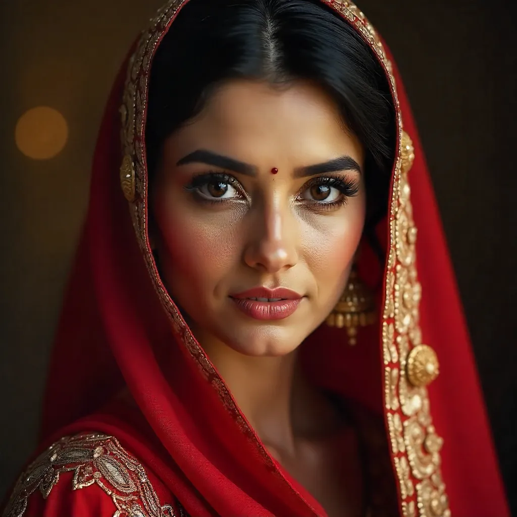 Radiant South Asian Woman in Red Dupatta with Gold Embroidery