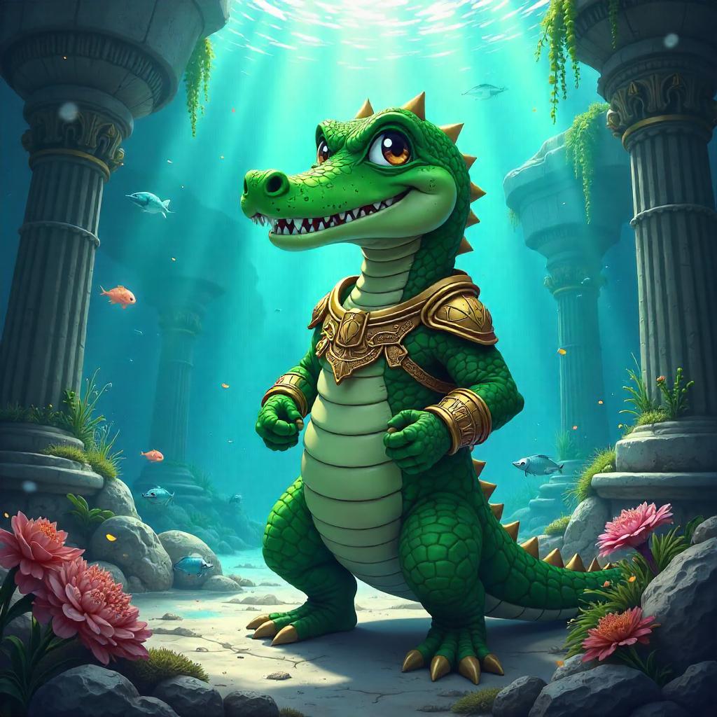 Atlantean Anime Crocodile in Submerged City