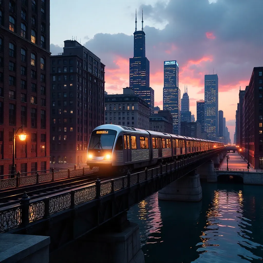 Twilight Train Crossing Wells Street Bridge, Chicago