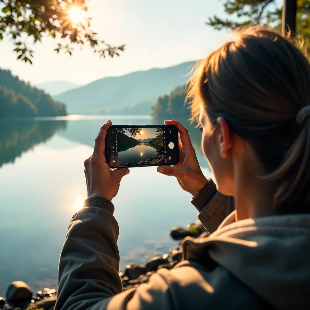 Person Outdoors Capturing Serene Lake Scene with Smartphone
