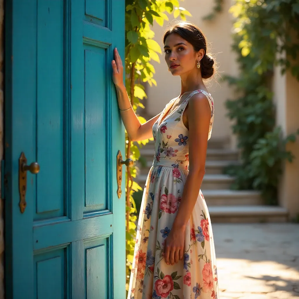 Sunlit Elegance by a Blue Door