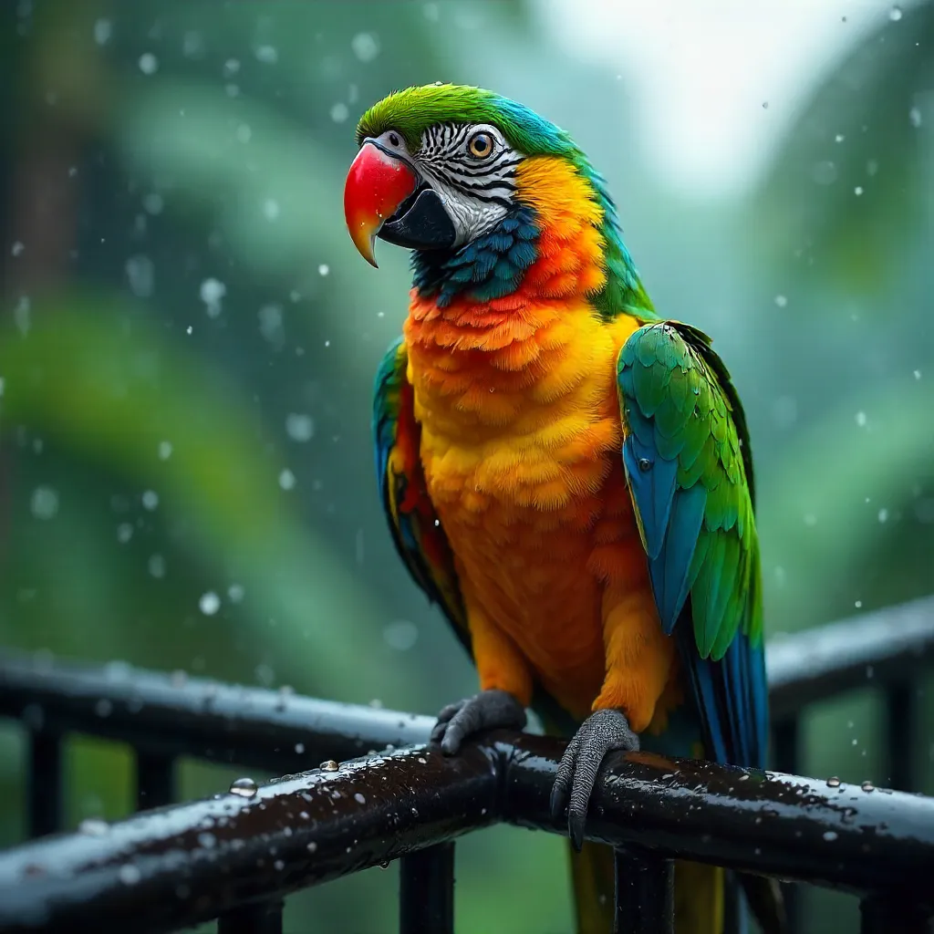 Vivid Parrot on a Rain-Slick Rail: Color Burst in Rain