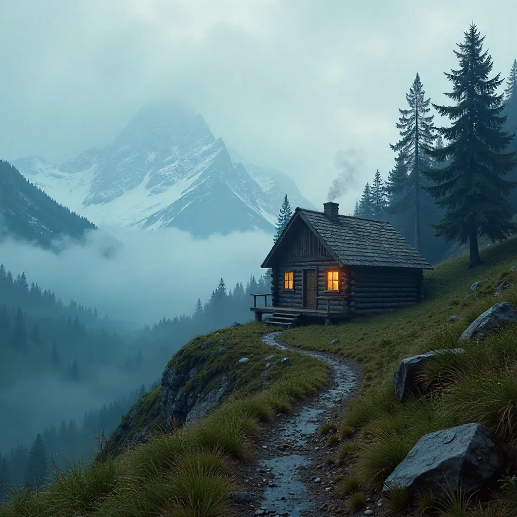 Lonely Cabin on a Misty Hillside