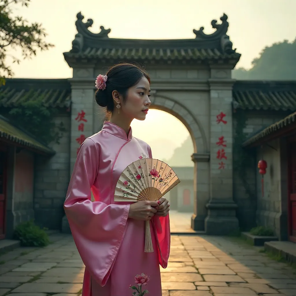Pink Ao Dai at Chi Lang Gate in Lang Son, Vietnam