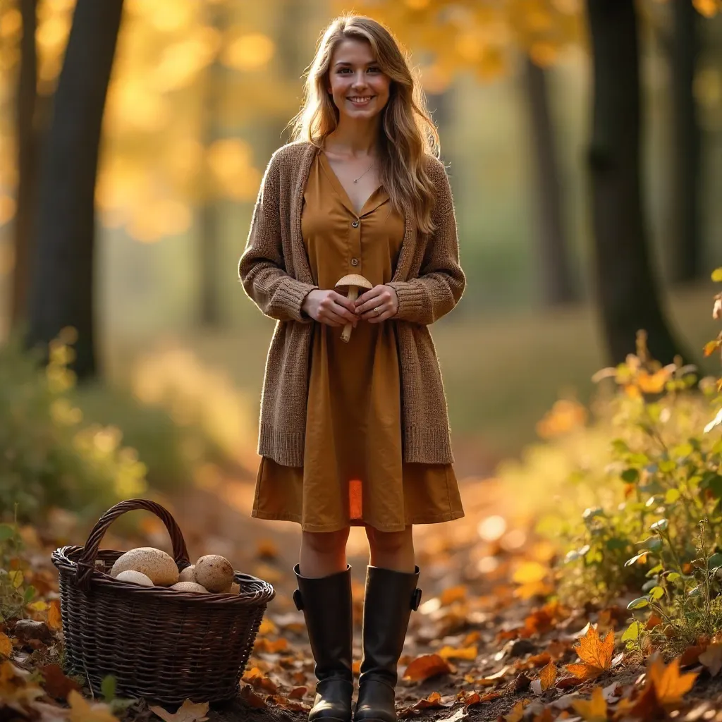 Autumn Harvest: Woman with Mushrooms in Dress