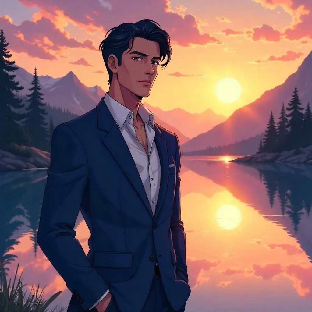 Elegant Latino Man by the Lake in Anime Style
