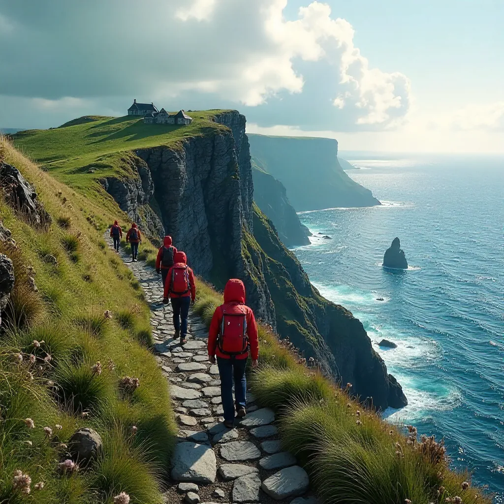 Hikers on Skellig Michael: Atlantic Cliffs