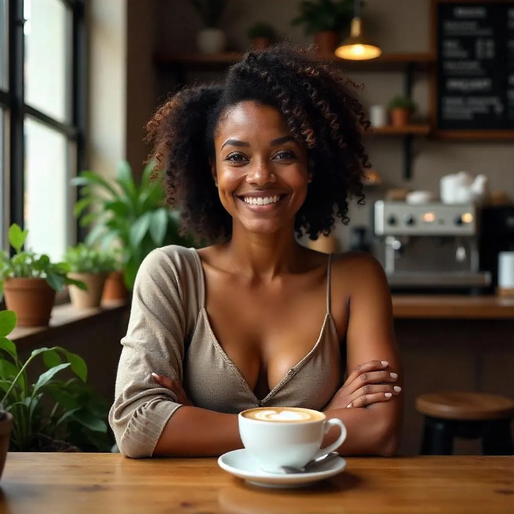 Cafe Portrait: Photorealistic Black Woman in Warm Light