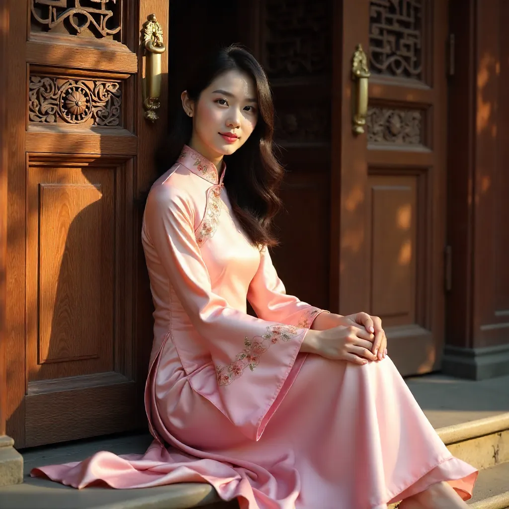 Sunlit Pink Ao Dai by Ornate Wooden Door